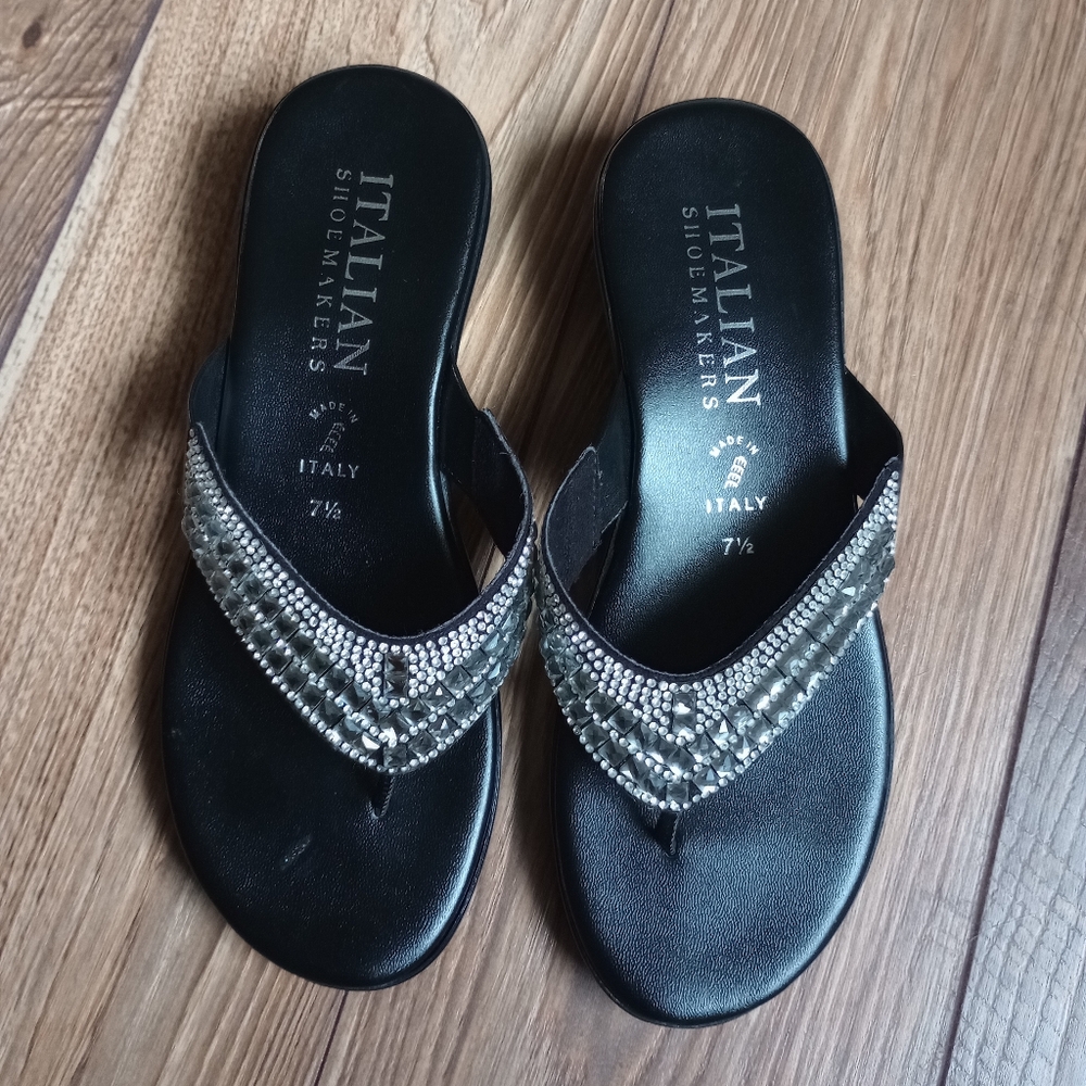 Italian Shoemakers Black Sandals with Silver Rhinestone Accents